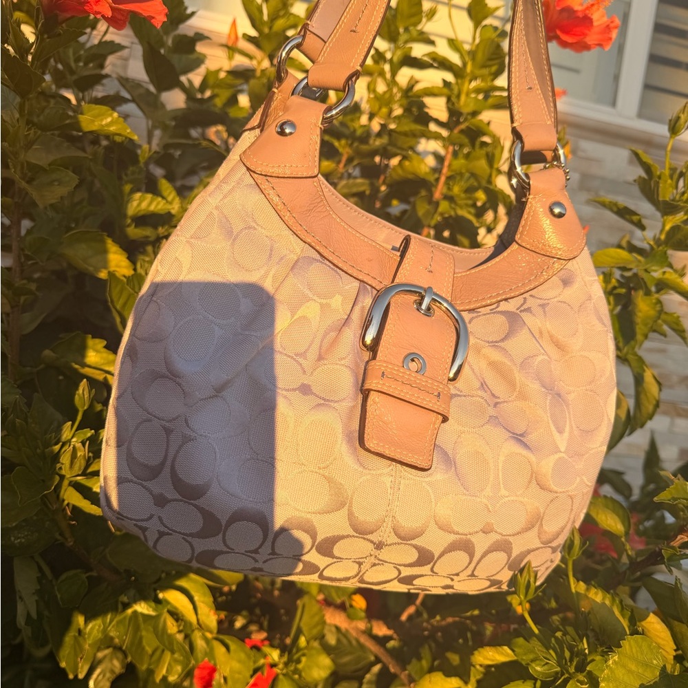 Coach lilac Signature Canvas Shoulder Bag with purple patent Leather Trim